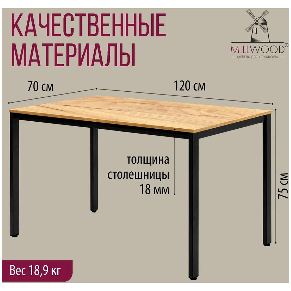 Стол Millwood Сеул, 1200х700 мм, дуб золотой крафт, черный - 5