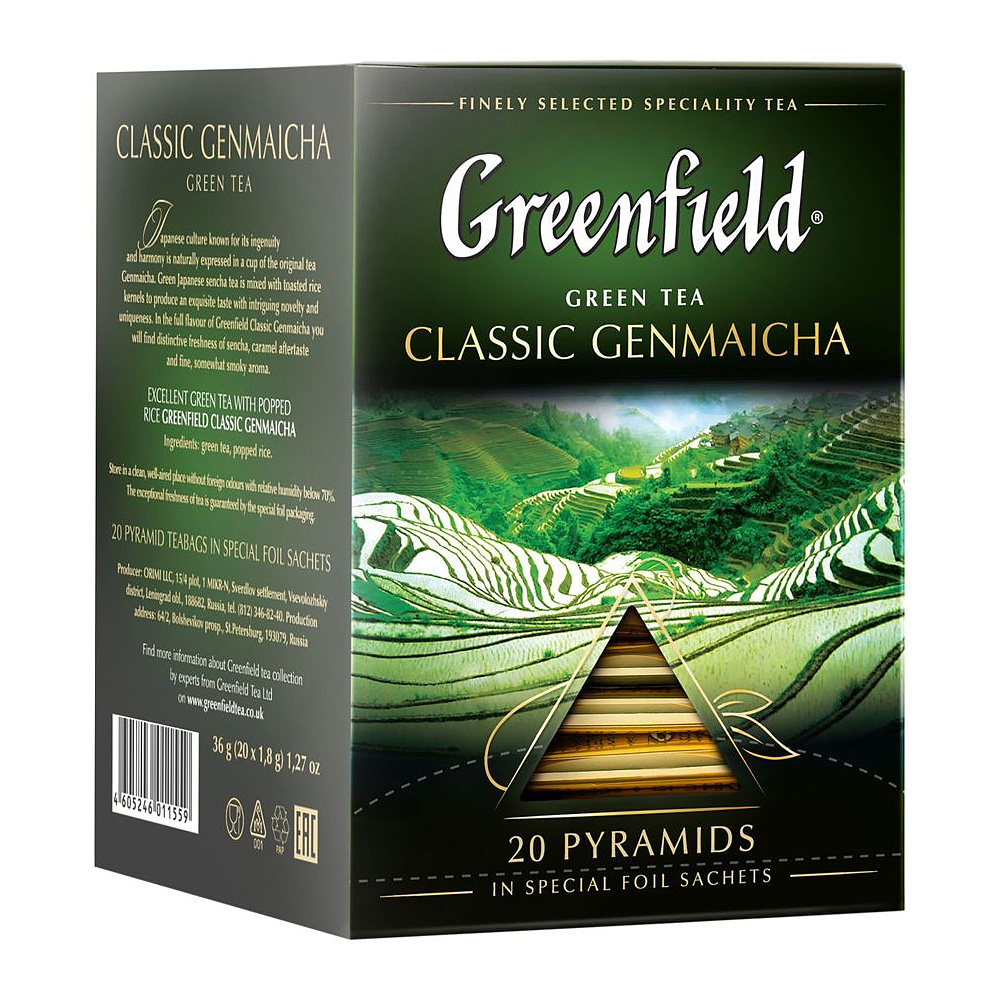 Чай «Greenfield» Classic Genmaicha, 20 пакетиков x1.8 г, зеленый