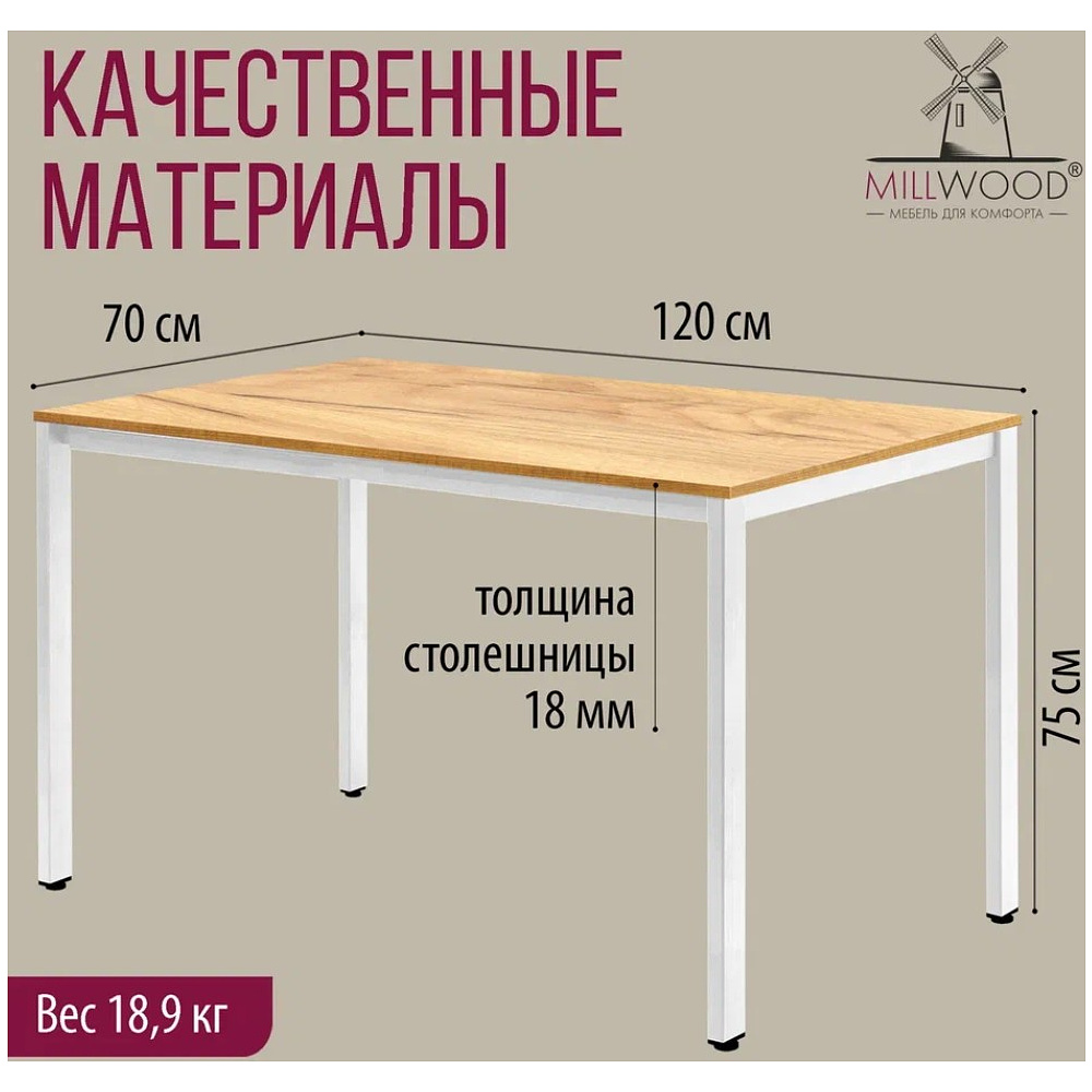 Стол Millwood Сеул, 1200х700 мм, дуб золотой крафт, белый - 5