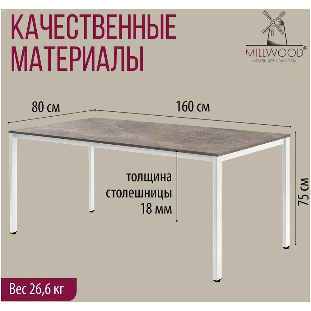 Стол Millwood Сеул, 1600х800 мм, бетон, белый - 5