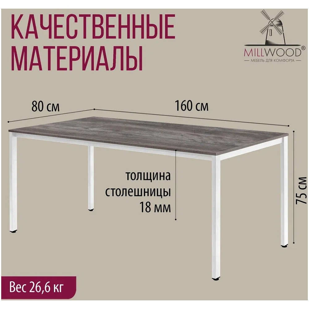 Стол Millwood Сеул, 1600х800 мм, сосна пасадена, белый - 4