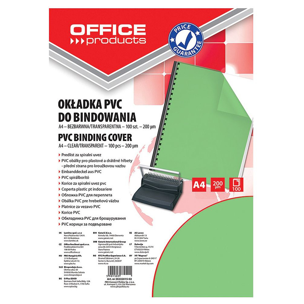 Обложка для переплета "Office Products", A4, пластик, 200 мкм, 100 шт., прозрачный, зеленый