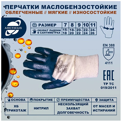 Перчатки трикотажные х/б с частичным нитриловым покрытием Arcticus, манжет резинка, р-р 9, синий - 2