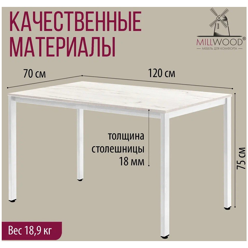 Стол Millwood Сеул, 1200х700 мм, дуб белый крафт, белый - 5